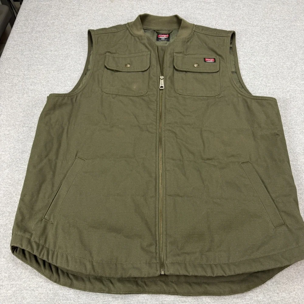 Wrangler Workwear Mens XL Canvas Quilted Utility Vest Olive Green Full Zip